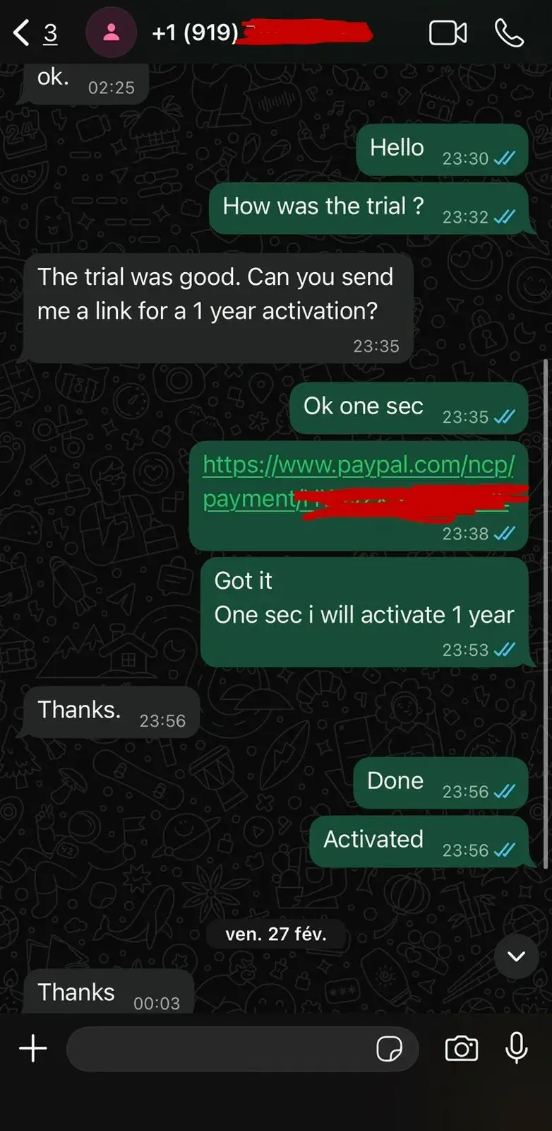 IPTV Fusion customer review screenshot 1 — verified WhatsApp feedback