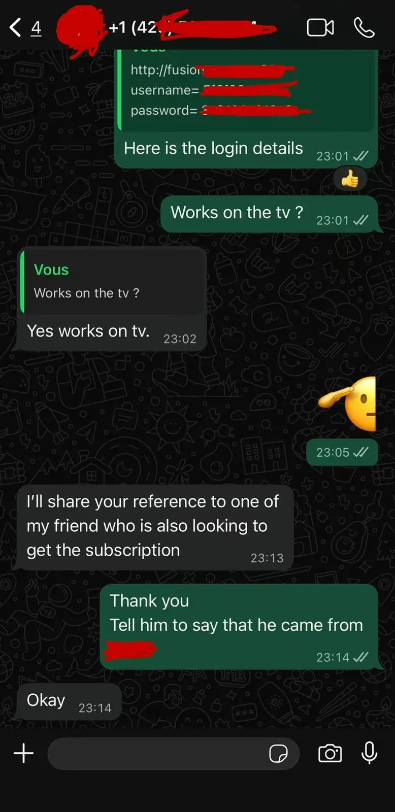 IPTV Fusion customer review screenshot 6 — verified WhatsApp feedback