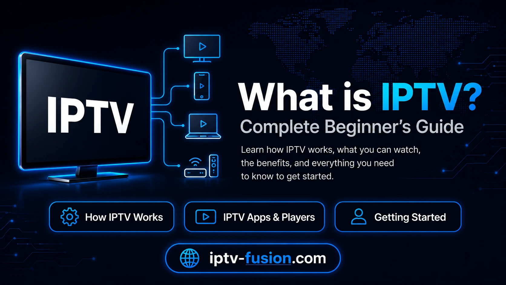 Diagram showing how IPTV streams travel from a provider over the internet to a TV, phone and laptop