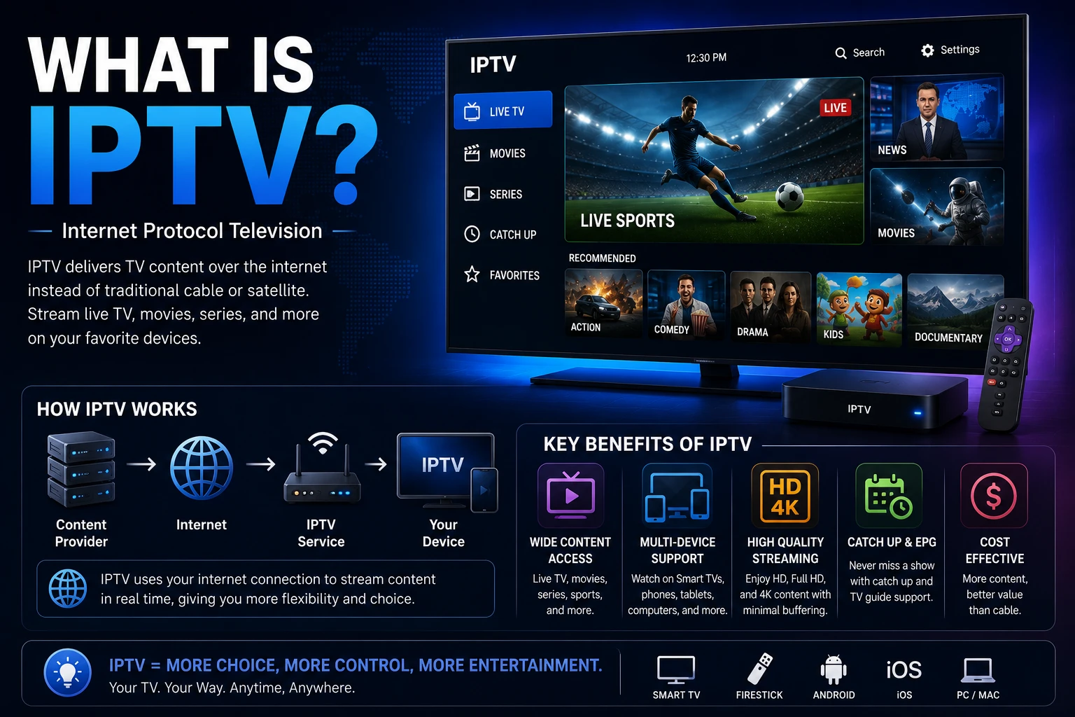 A Firestick, smart TV, smartphone and laptop all showing IPTV channels